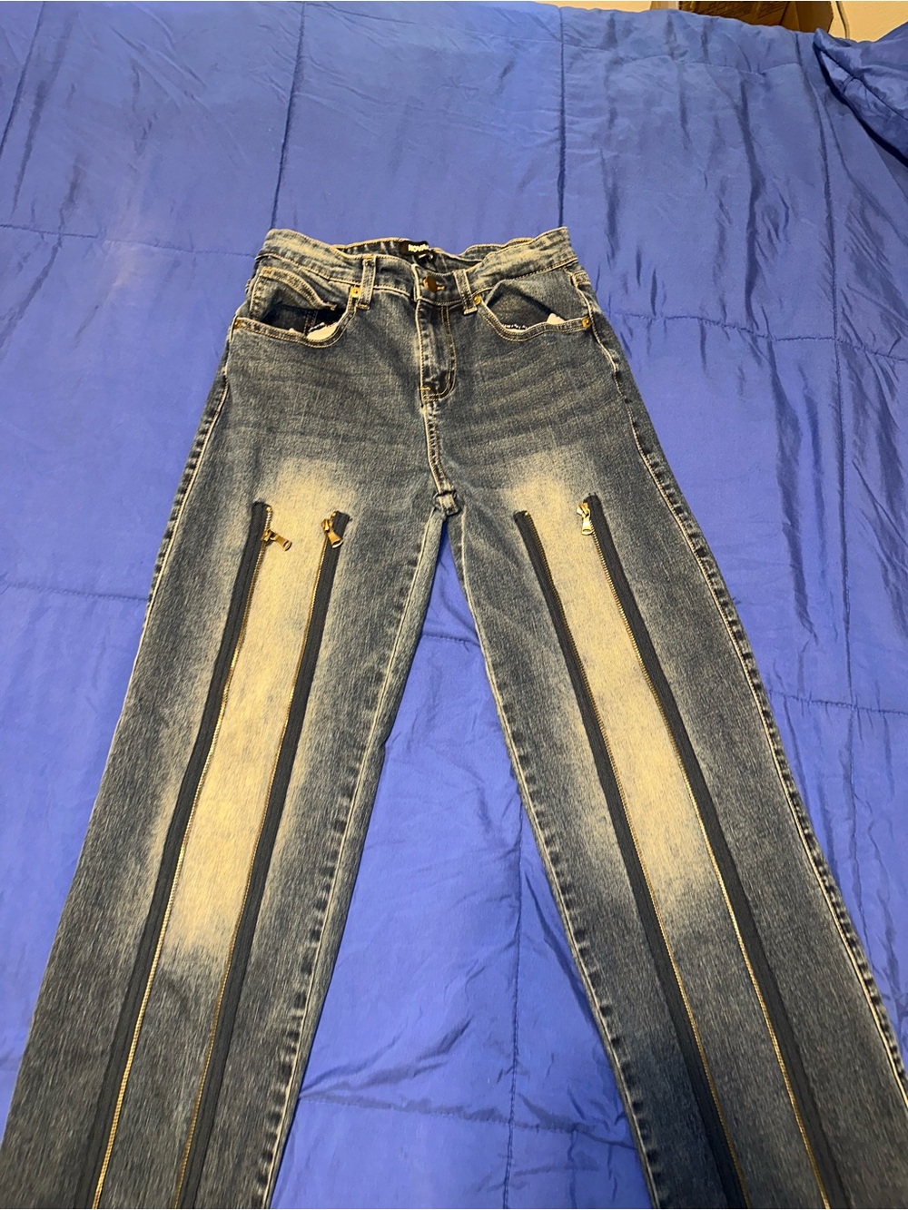 Fashion Nova Boys' Blue Washed Jeans with Vertical Zipper Panels